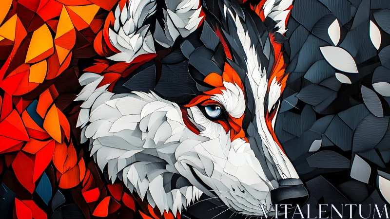 Color-splashed wolf portrait in bold geometric shards.