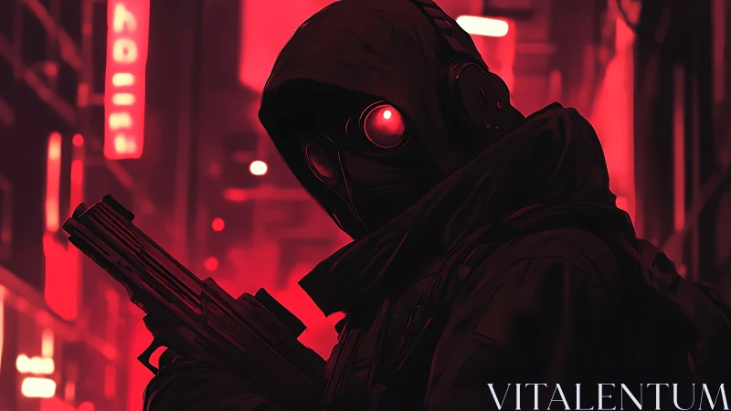 Shadowed cyber sentry with red gaze in neon city night.