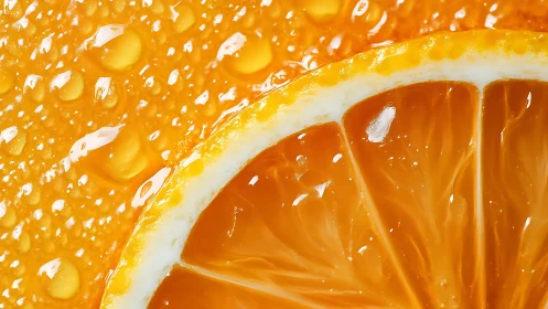 Macro view of orange slice and peel with surface droplets.