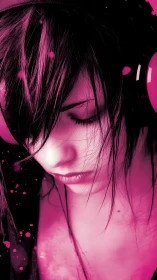 Monochrome magenta portrait with headphones and soft bokeh focus.