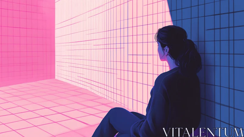 Neon grid chamber with contemplative figure in split lighting.