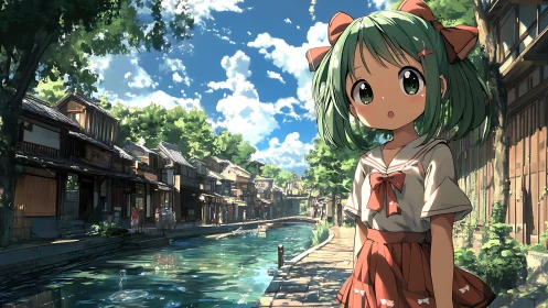 Anime girl in sailor uniform beside reflective canal street under noon light