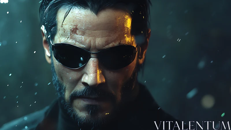 Stormlit cyber guardian in midnight shades and battle scars.