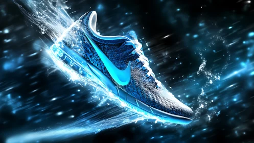 Electric blue running shoe bursts through liquid light.