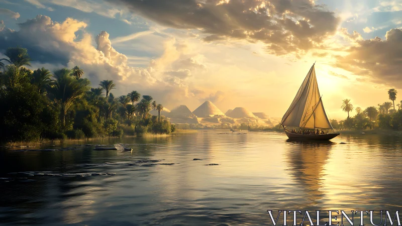 Sunlit Nile voyage toward pyramids in gilded horizon glow.