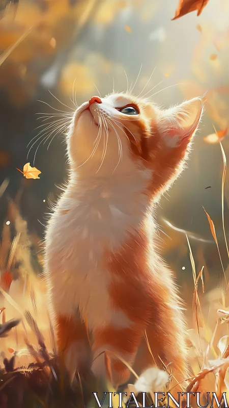 Autumn kitten watches swirling leaves in golden light.