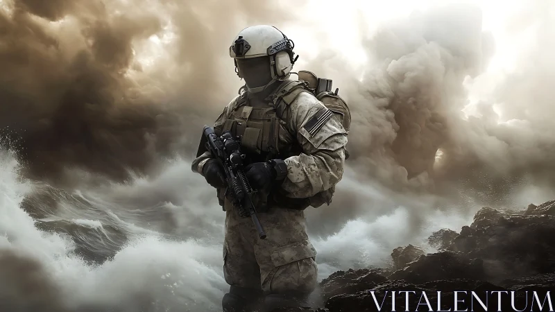Armored marine stands amid storm surge and explosive debris field