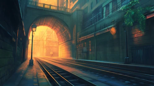 Golden rail tunnel where quiet city mornings hum softly.