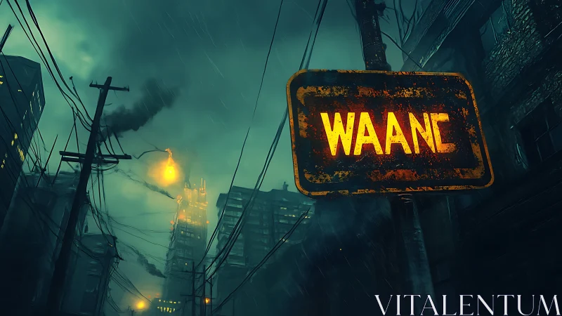 Glowing WAANE sign burns through a stormy cyberpunk night