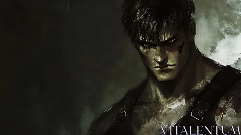 Brooding scarred warrior emerges from smoky shadows in silence.