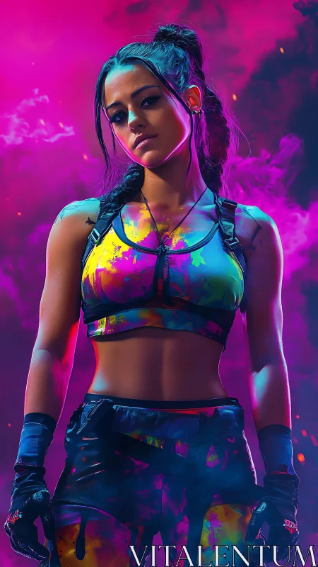 Female subject in neon sportwear amid colored smoke field.