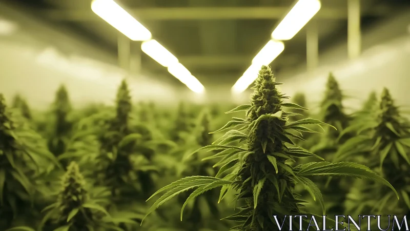 Indoor cannabis plants under bright grow lights in rows.