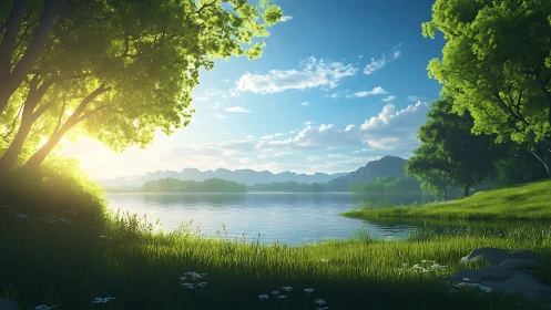 Sun-kissed lakeside meadow where morning light lingers long.