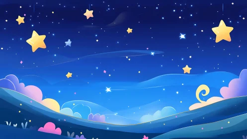 Cartoon night landscape with stars over rolling hills.
