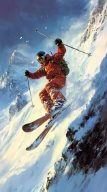 Extreme skier carves a steep alpine cliff in icy sunlight