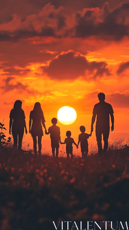 Silhouette of family with children walking at vivid sunset.