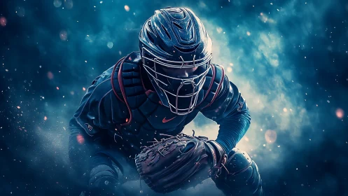 Catcher in neon stormlight crouches like a midnight sentinel