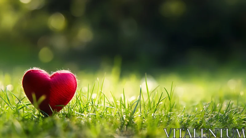 Red heart-shaped object positioned in grass with bokeh background.
