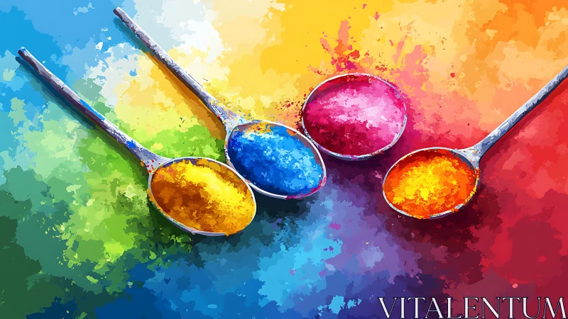 Colorful spoons holding powdered pigments on bright background.