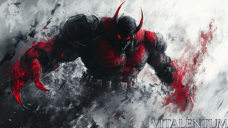 Demonic armored warrior erupts from smoky crimson chaos