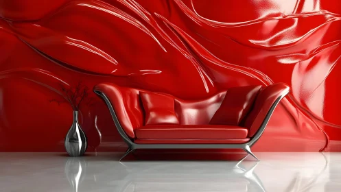 Modern red sofa against abstract glossy red sculpted wall art.
