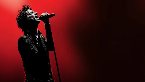 Rock vocalist silhouettes against vivid red concert backdrop