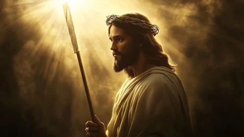 Radiant robed figure crowned with thorns in golden light.