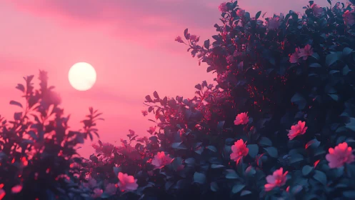 Moonrise in cotton-candy sky over neon-pink garden hush.