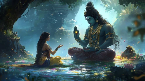 Divine blue figure grants glowing blessing beside devotee