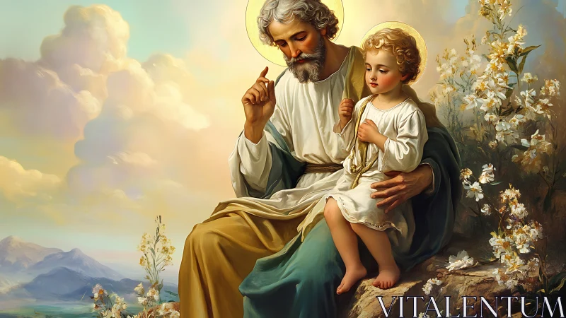 Sacred father and child in luminous pastoral embrace.