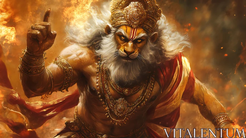 Lion‑faced fire god strides through molten storm of divinity.