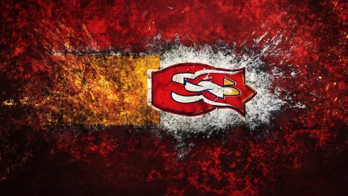 Grunge-scorched red emblem carves through molten canvas