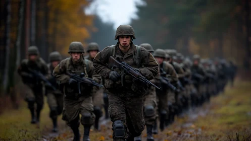 Infantry unit advances through misty autumn forest trail.