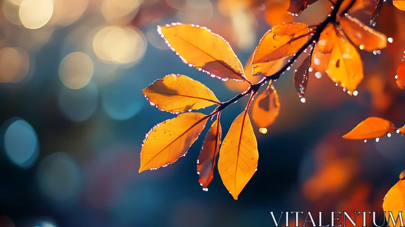 Golden autumn leaves glowing softly in morning light.