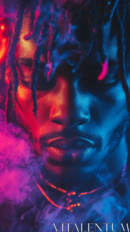 Moody portrait in neon red and blue studio lighting.