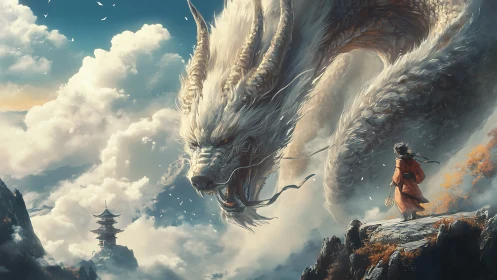 White sky dragon confronts lone wanderer on mountain cliff