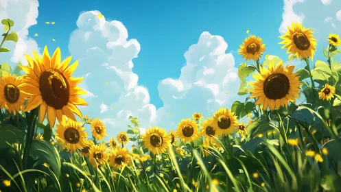 Sunlit sunflower field under towering cumulus clouds panorama.
