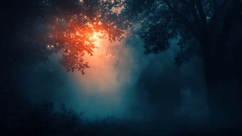 Volumetric dawn light scattering through dense misted forest.