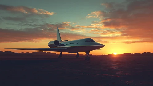 Supersonic business jet rendered against low sun desert horizon