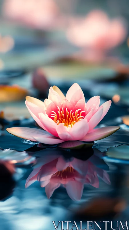 Pink water lily in calm reflective pond at close range.
