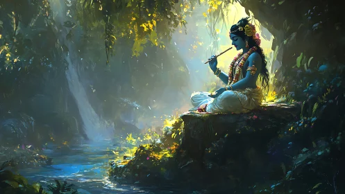 Flute song in a sunlit forest sanctuary of calm.