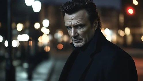 Middle aged man in dark coat on night city street.