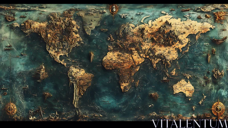 Antique-style world map renders continents as sculpted relief