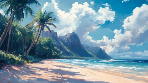 Tropical Paradise Beach with Volcanic Peaks.