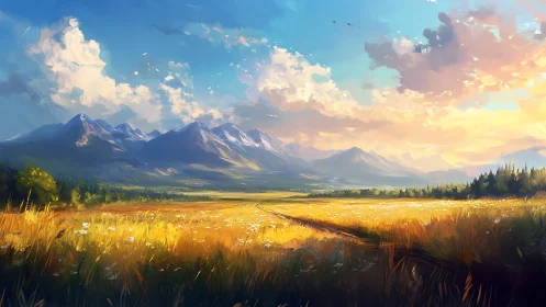 Digital painting shows golden field leading toward blue mountains