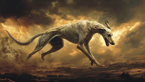 Stormlit hound sprints across apocalyptic desert horizon.