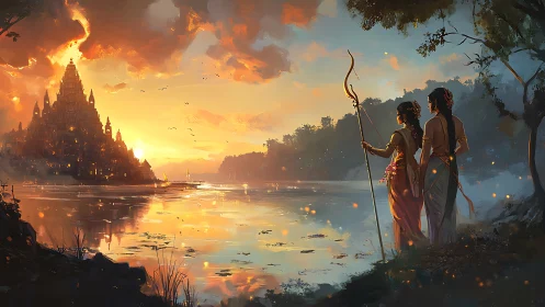 Sunset pilgrims gaze toward a glowing riverside kingdom