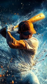 Baseball slugger shatters water splash with dynamic swing.