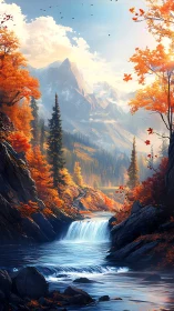 Autumnal alpine cascade with volumetric light and aerial haze.