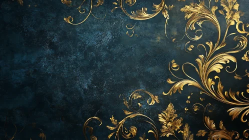 Baroque golden foliage scrolls curve over textured teal field